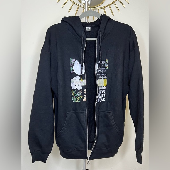 NWOT Woodstock music festival black Gildan Zip up hoodie pockets large - Picture 5 of 7